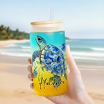 Personalized Floral Sea Turtle Name 20 oz Frosted Can Glass Tumbler with Bamboo Lid and Straw Daily Use Birthday Gift for Women