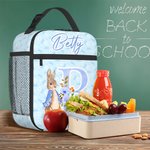 Personalizado Peter Rabbit Coquette Lazo Flor Inicial Bolsa de almuerzo aislante con nombre Viaje diario Vuelta al cole Regalo de cumpleaños para niños Niñas