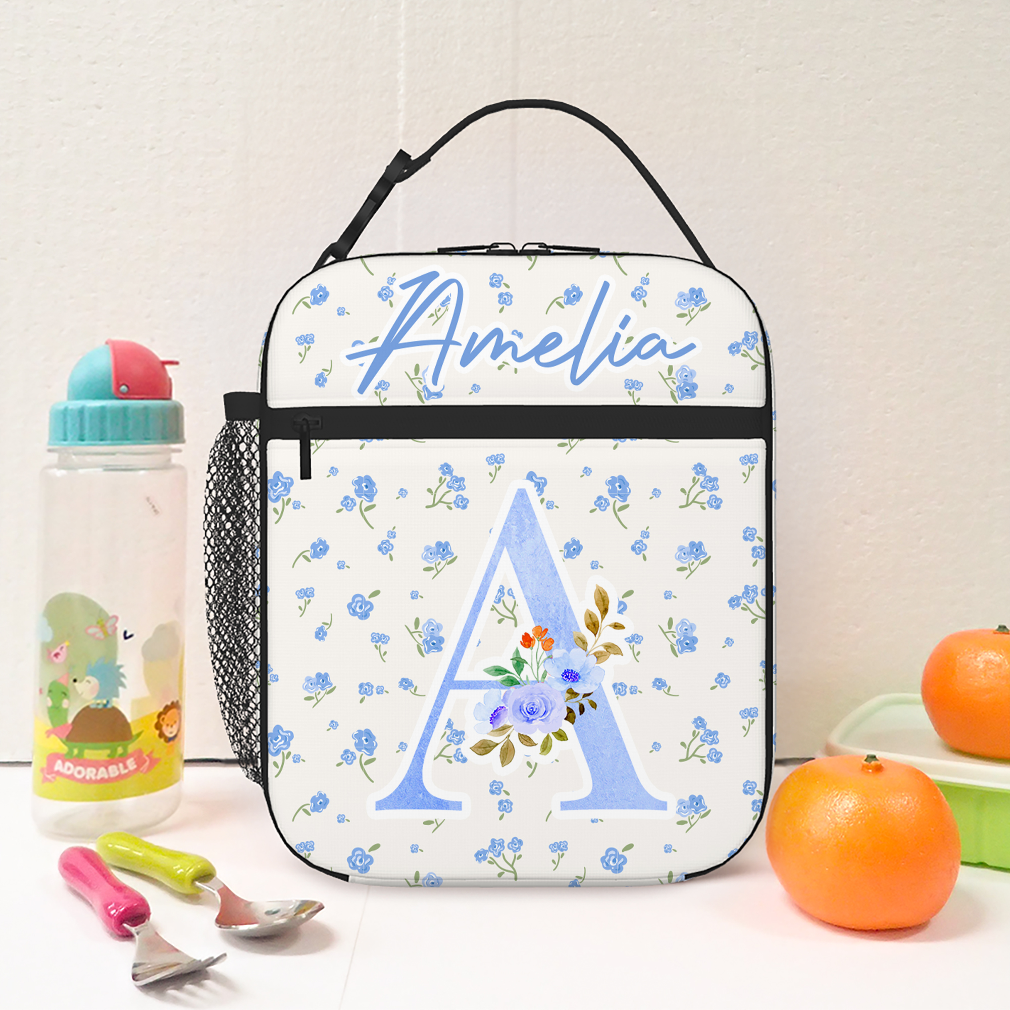 Sac à lunch personnalisé avec nœud simple et nom floral avec sac en filet Cadeau d'anniversaire de rentrée pour garçons filles