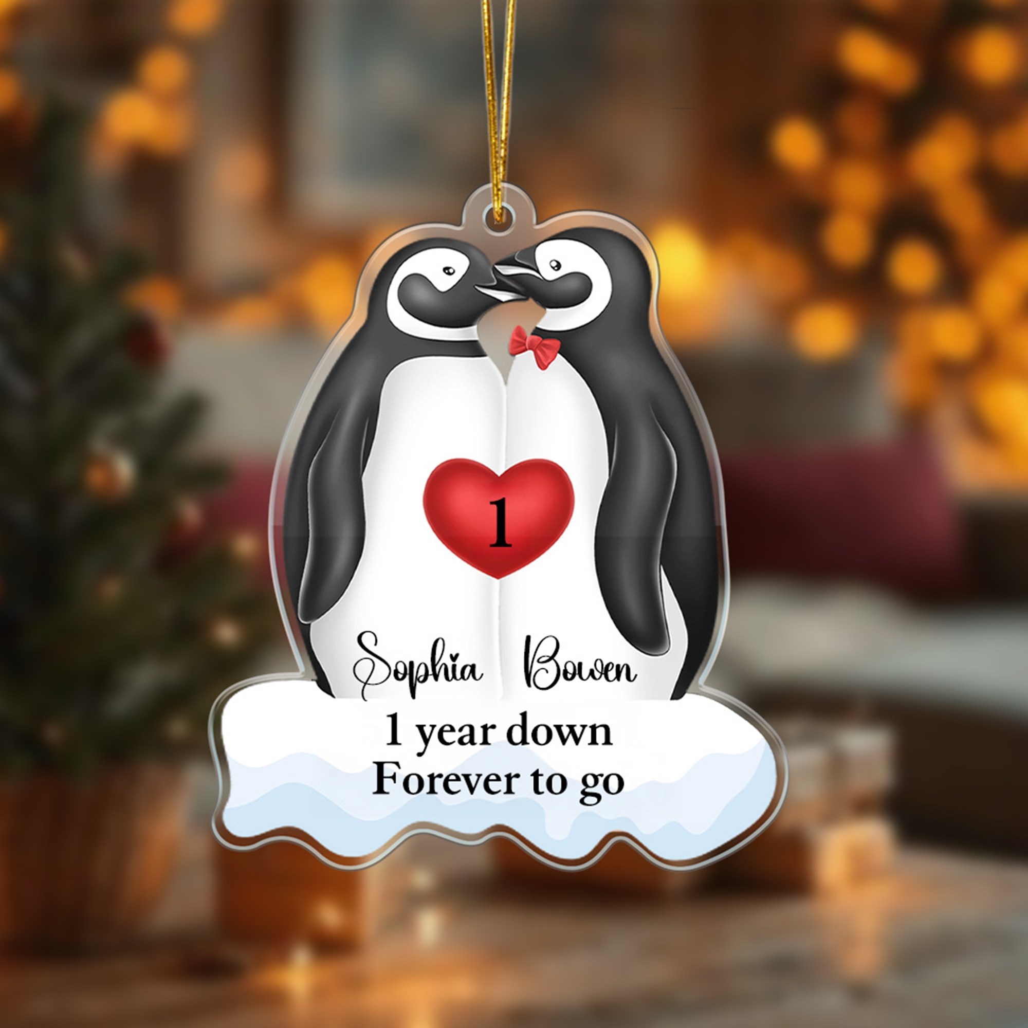 Ornement suspendu en acrylique personnalisé Couple Pingouin avec noms Décoration d'arbre Cadeau d'anniversaire pour couple