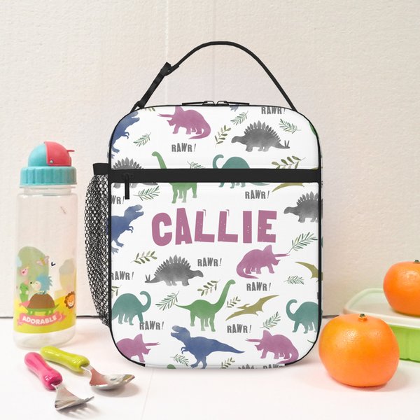 Personalized Dinosaur World Insulated Lunch Bag with Name and Portable Pocket Back to School Picnic Birthday Gift for Kids