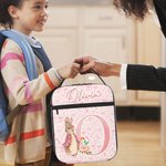 Personalizado Peter Rabbit Coquette Lazo Flor Inicial Bolsa de almuerzo aislante con nombre Viaje diario Vuelta al cole Regalo de cumpleaños para niños Niñas