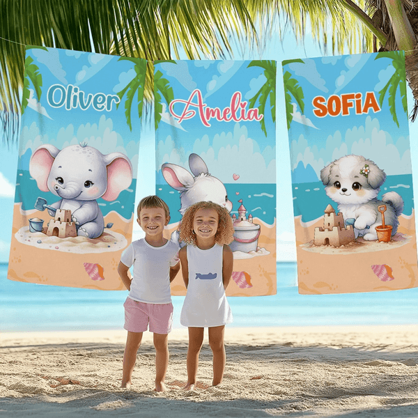 Personalized Cartoon Animal Quick Dry Oversized Beach Towel with Name Travel Essential Beach Party Birthday Anniversary Gift for Family Children
