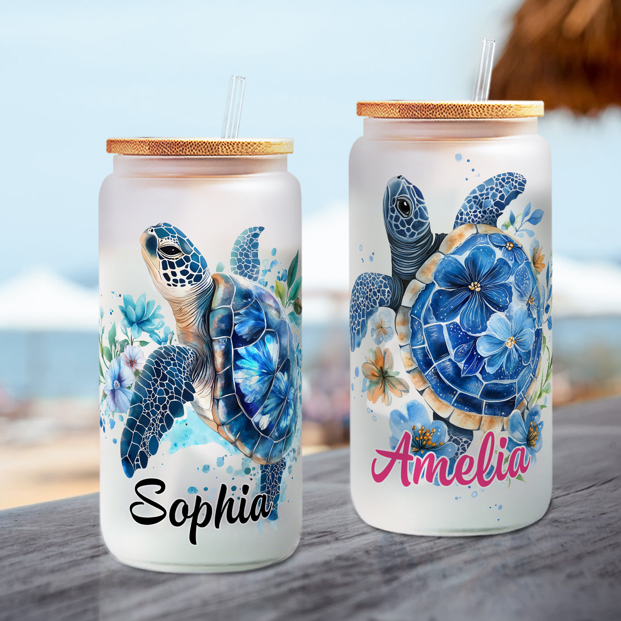 Personnalisé Nom de la tortue de mer floral 20 oz verre givré avec couvercle en bambou et paille Utilisation quotidienne Cadeau d'anniversaire pour les femmes