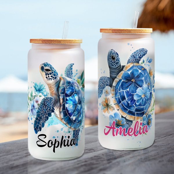 Personalized Floral Sea Turtle Name 20 oz Frosted Can Glass Tumbler with Bamboo Lid and Straw Daily Use Birthday Gift for Women