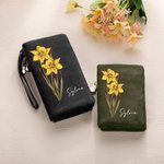 Personalisierte Aquarell Geburtsblume PU-Leder Dreifach Geldbörse mit Namen Karteninhaber Handschlaufe Geburtstag Muttertag Geschenk für Damen
