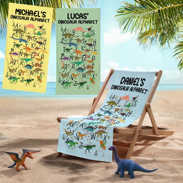 Personalized Dinosaur Alphabet Soft Quick Dry Oversized Beach Towel With Name Travel Essential Beach Party Birthday Anniversary Gift For Children