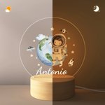 Luz nooctura LED con base de madera personalizada con nombre planeta y astronauta decoración de habitación regalo de cumpleaños para niños