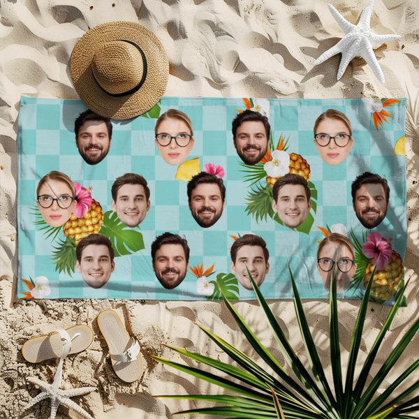 Personalized Colorful Plaid Flower Face Photo Soft Quick Dry Oversized Beach Towel Travel Essential Beach Party Birthday Gift for Friends