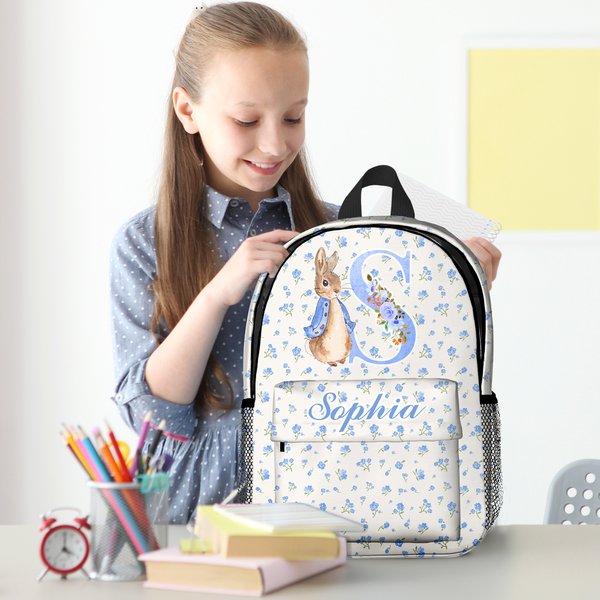 Personalized Peter Rabbit Coquette Bow Flower Initial Large Capacity School Backpack with Name Daily Travel Back to School Birthday Gift for Kids
