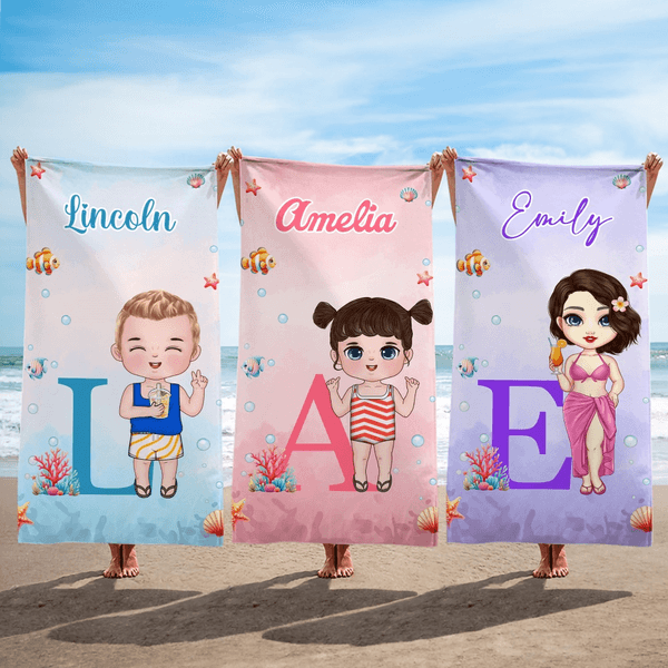 Personalised Cartoon Character Oversized Quick Dry Beach Towel with Name and Initial Summer Essentials Pool Party Birthday Gift for Family Members