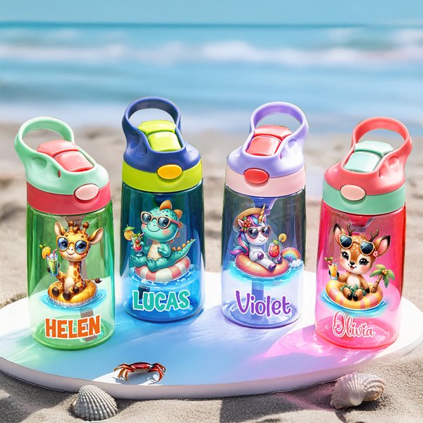 Personalized Colorful Cute Cartoon Animal 16 oz Kid Water Bottle with Name Back to School Birthday Gift for Boys Girls