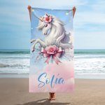 Toalla de playa personalizada con unicornio de fantasía y nombre de secado rápido accesorios para la playa regalo de cumpleaños para mujeres y niñas