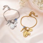 Personalized Italy Horn Mano Cornuto Virgin Mary Pendant Adjustable Bracelet with Initial Birthday Anniversary Gift for Women