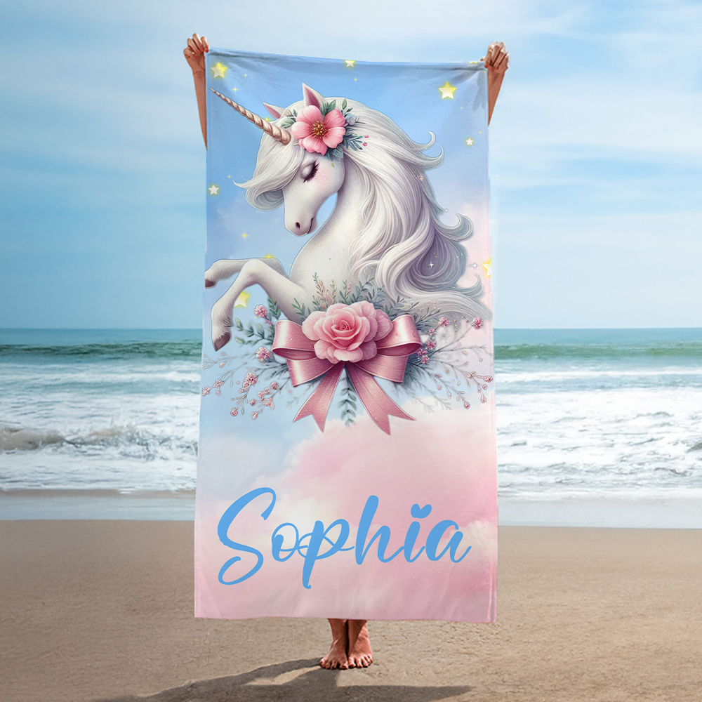 Serviette de Plage Surdimensionnée Personnalisée avec Nom et Motif de Licorne Accessoire de Vacances d'Été Cadeau pour Femme Fille