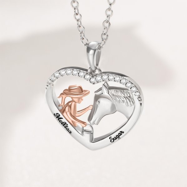 Personalised Girl and Horse Heart Necklace with Engraved Name Birthday Anniversary Gift for Horse Lovers