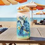 Personalized Floral Sea Turtle Name 20 oz Frosted Can Glass Tumbler with Bamboo Lid and Straw Daily Use Birthday Gift for Women