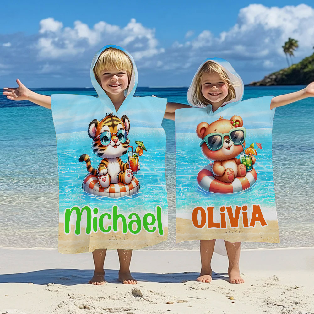 Serviette de plage à capuche personnalisée avec nom Animaux de vacances Cadeau d'anniversaire de vacances d'été pour enfants
