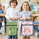 Personalizado Peter Rabbit Coquette Lazo Flor Inicial Bolsa de almuerzo aislante con nombre Viaje diario Vuelta al cole Regalo de cumpleaños para niños Niñas