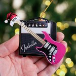 Gepersonaliseerd 3D Effect Retro Gitaar Amp Kerstmuts Ornament met Naam en Jaar Feestdag Decoratie Kerstcadeau voor Gitaristen Gitaarliefhebbers
