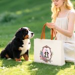 Gepersonaliseerde Vintage Bloemen Portret Herbruikbare Canvas Draagtas met Naam en PU Leren Handvat Reizen Essentiële Verjaardagscadeau voor vrouwen