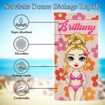 Serviette de Plage Personnalisée avec Nom et Personnage de Dessin Animé Fleur Essentiel d’Été Cadeau Anniversaire pour Enfants Adultes Famille