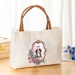 Gepersonaliseerde Vintage Bloemen Portret Herbruikbare Canvas Draagtas met Naam en PU Leren Handvat Reizen Essentiële Verjaardagscadeau voor vrouwen