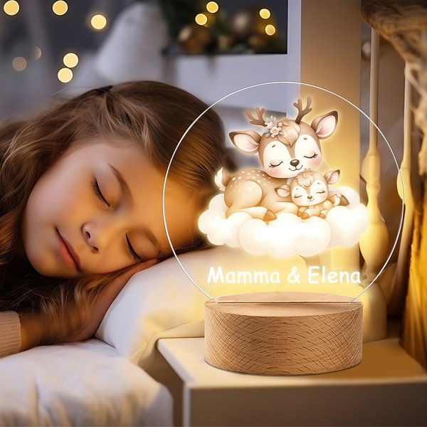Luce notturna a LED design di animali dormentanti con base in legno personalizzato con nome di mamma e bambino regalo di compleanno