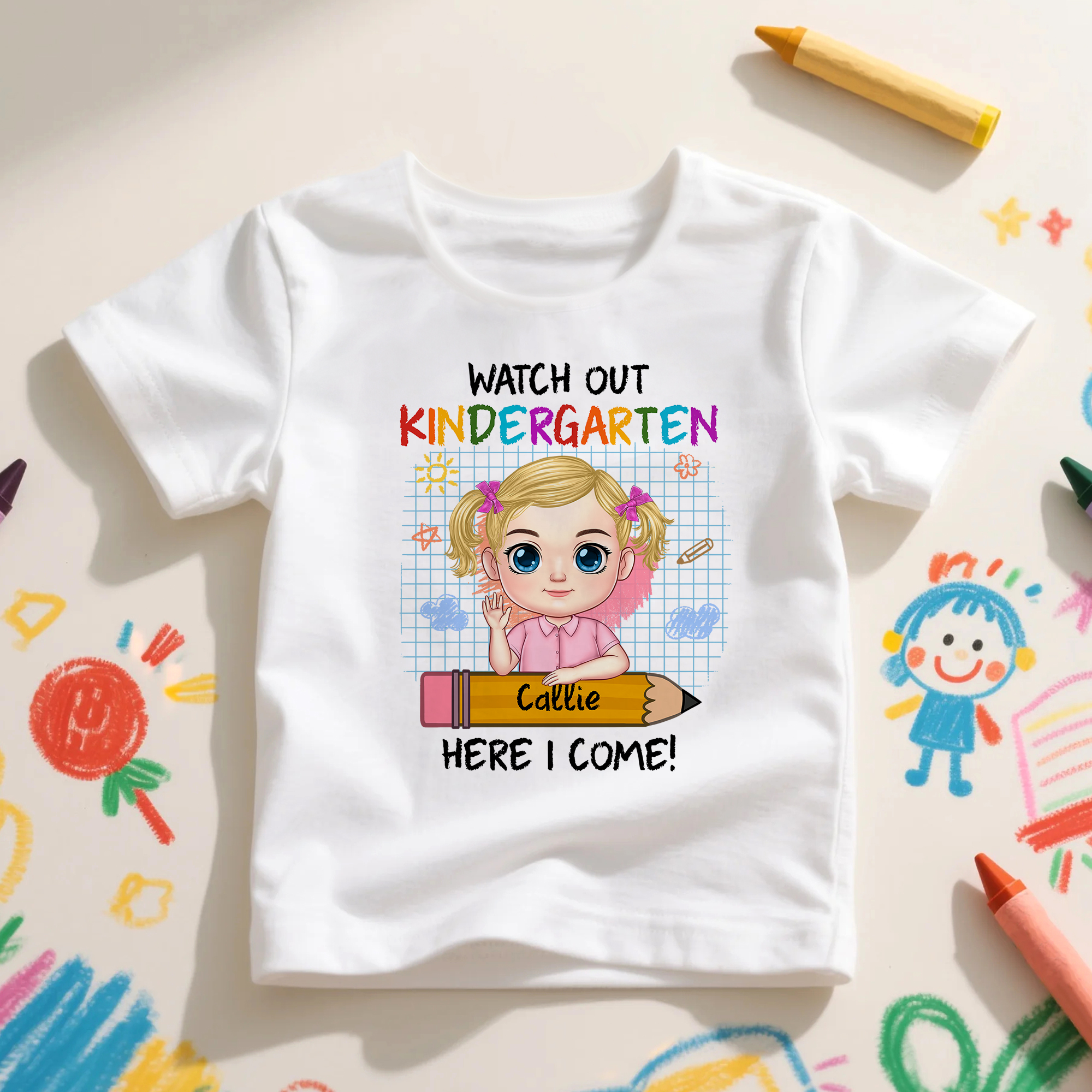 Personnalisé Here I Come Cartoon Character Stationery Kid T-shirt with Name and Grade Back to School Birthday Gift for Boys Girls