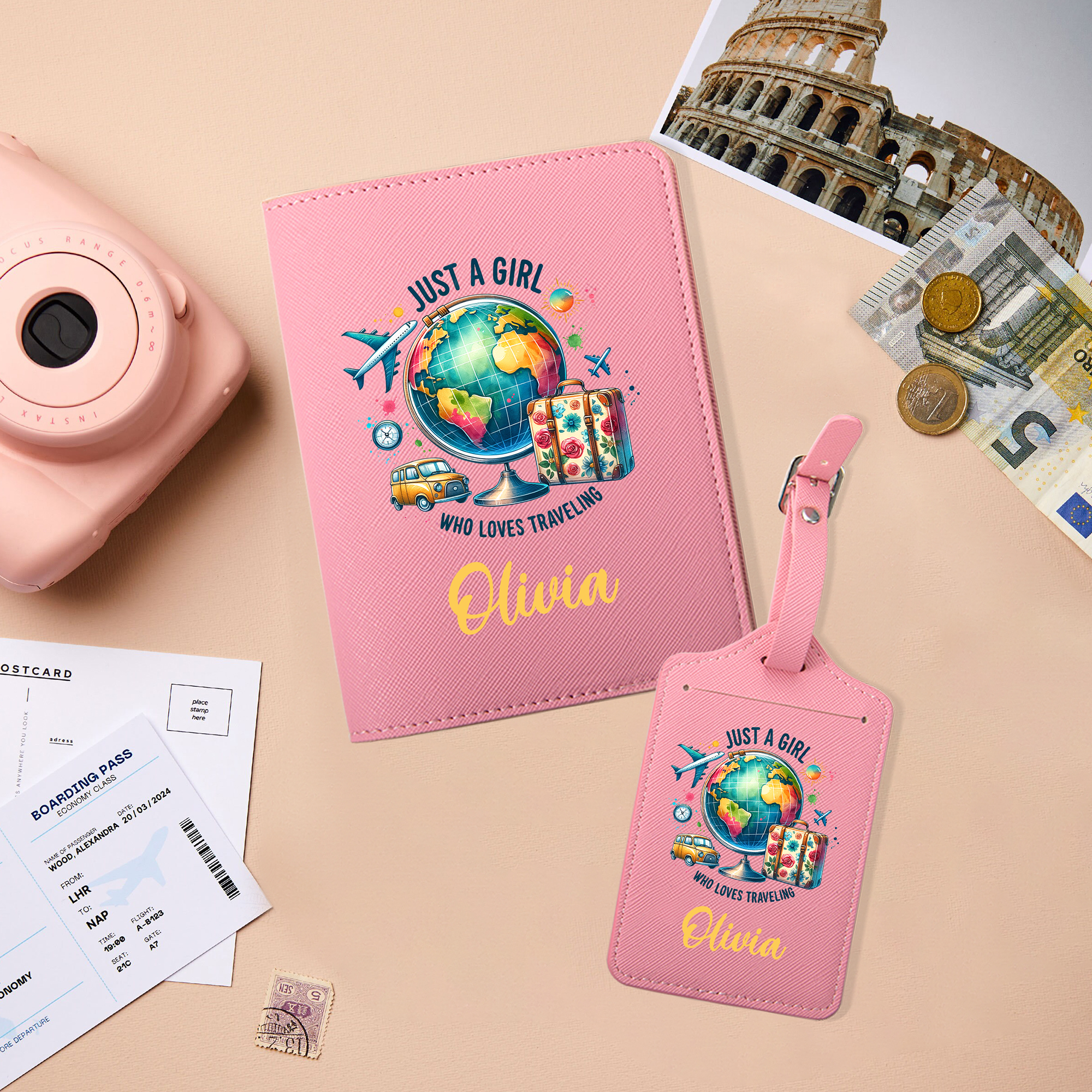 Porte passeport en cuir PU avec étiquette de bagage avec nom Cadeau d'anniversaire pour fille
