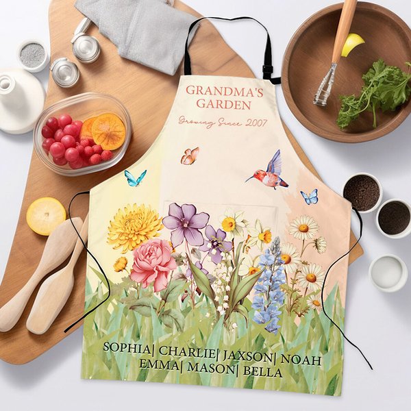 Henkilökohtainen isoäidin puutarha 2-15 syntymäkukat säädettävä esiliina teksti ja etutasku syntymäpäivälahja isoäiti ruoanlaitto rakastajaille