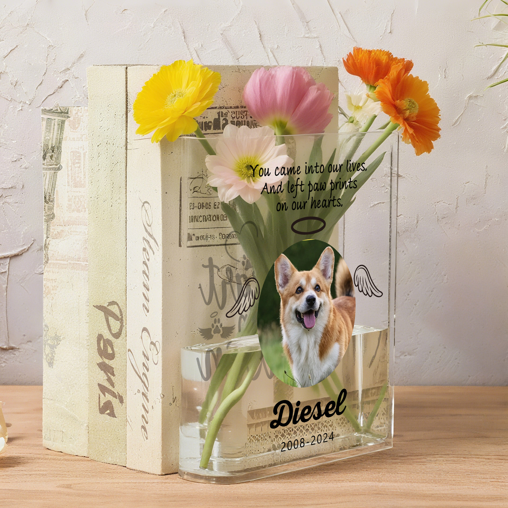 Vase à livres transparent avec nom Décoration d'étagère Sympathie Cadeau commémoratif Sentimental pour les propriétaires d'animaux de compagnie Lovers