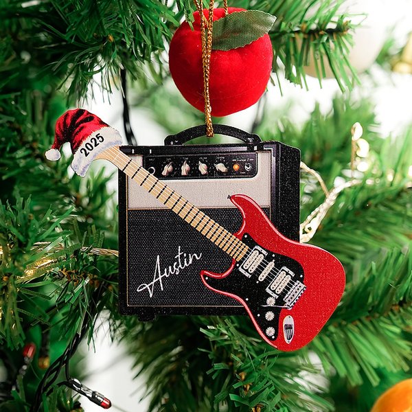 Ornement personnalisé en forme de chapeau de père Noël avec nom et année Cadeau de Noël pour les guitaristes et les amoureux de la guitare