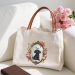 Gepersonaliseerde Vintage Bloemen Portret Herbruikbare Canvas Draagtas met Naam en PU Leren Handvat Reizen Essentiële Verjaardagscadeau voor vrouwen