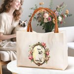 Gepersonaliseerde Vintage Bloemen Portret Herbruikbare Canvas Draagtas met Naam en PU Leren Handvat Reizen Essentiële Verjaardagscadeau voor vrouwen