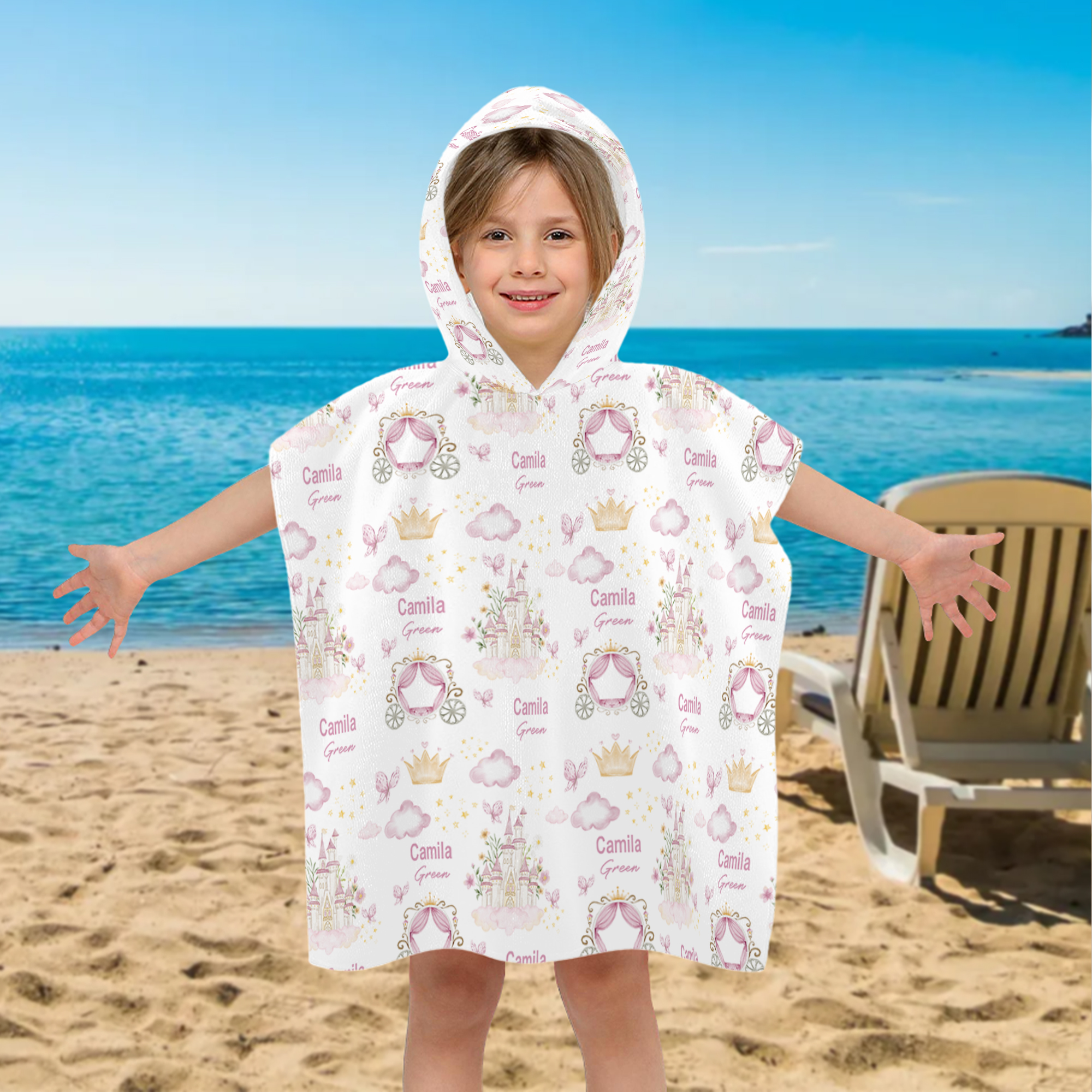 Serviette de plage à capuche personnalisée Princesse Château avec nom Cadeau d'anniversaire pour les enfants