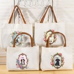 Gepersonaliseerde Vintage Bloemen Portret Herbruikbare Canvas Draagtas met Naam en PU Leren Handvat Reizen Essentiële Verjaardagscadeau voor vrouwen