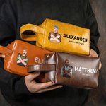 Personalized Cartoon Barber Character PU Leather Toiletry Bag with Name and Text Travel Accessories Opening Birthday Gift for Man Hairdresser
