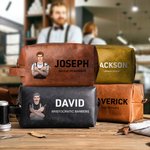 Personalized Cartoon Barber Character PU Leather Toiletry Bag with Name and Text Travel Accessories Opening Birthday Gift for Man Hairdresser