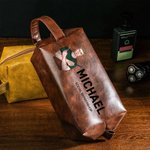 Personalized Cartoon Barber Character PU Leather Toiletry Bag with Name and Text Travel Accessories Opening Birthday Gift for Man Hairdresser