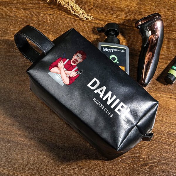 Personalized Cartoon Barber Character PU Leather Toiletry Bag with Name and Text Travel Accessories Opening Birthday Gift for Man Hairdresser