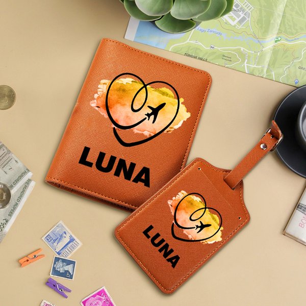 Personalised Watercolour Travel Phrase PU Leather Passport Holder Luggage Tag Set with Name Travel Accessories Birthday Gift for Travel Lover