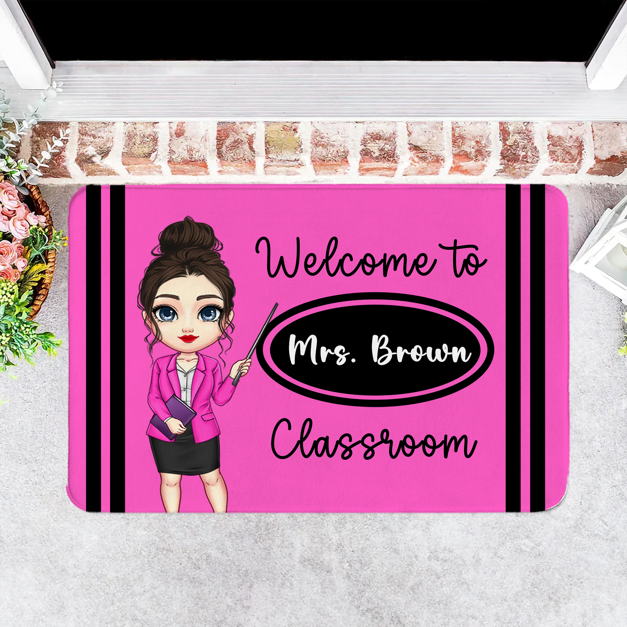 Paillasson personnalisé Bienvenue dans la salle de classe Crayon Personnage de dessin animé Durable et antidérapant avec nom Appréciation Cadeau de rentrée pour les enseignants