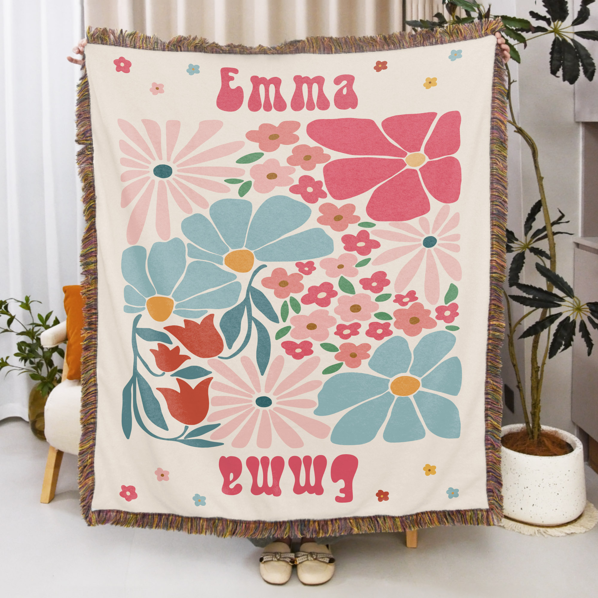Plaid personnalisé rétro à fleurs frangées avec nom Anniversaire Cadeau d'anniversaire pour femmes