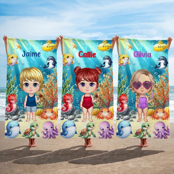 Toalla de playa personalizada de tema marino con personaje y nombre secado rápido regalo de viajes y fiestas en la playa para la familia