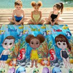 Toalla de playa personalizada de tema marino con personaje y nombre secado rápido regalo de viajes y fiestas en la playa para la familia