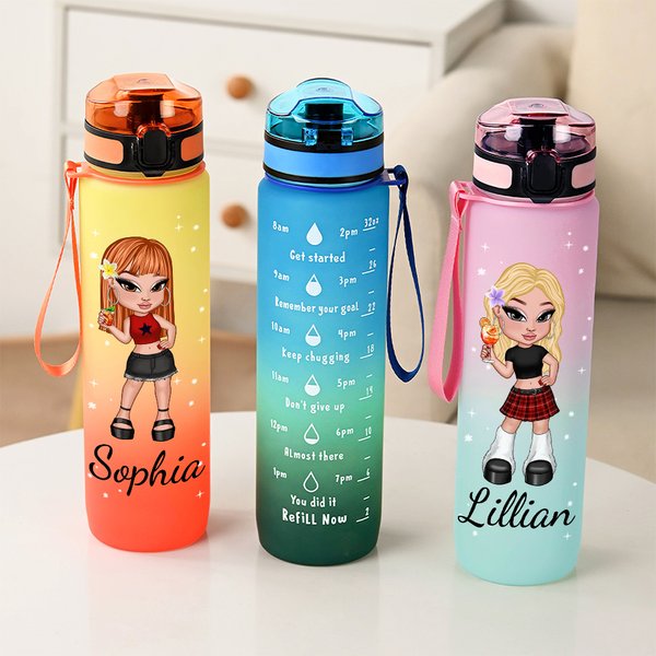Personalised Cartoon Y2K Girl 32 oz Motivational Sport Water Bottle with Time Marker and Name Anniversary Birthday Gift for Girls Y2K Lovers