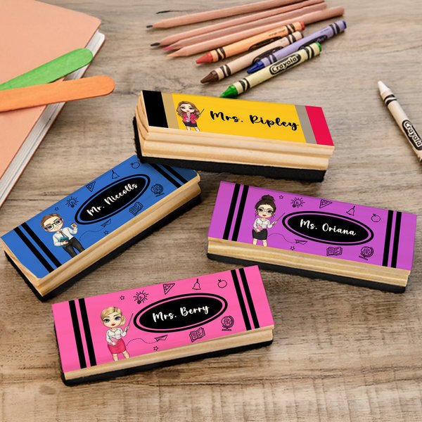 Personalized Cartoon Teacher Character Blackboard Whiteboard Chalk Eraser Cleaner with 2 Whiteboard Markers Teacher's Day Gift for Teachers Educators