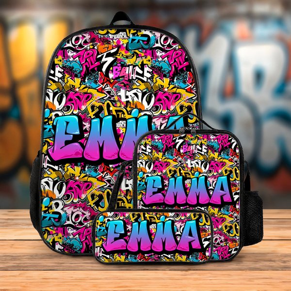Personalised Colourful Graffiti Style Name Backpack Lunch Bag Pencil Case Set Back to School Birthday Gift for Boys Girls Students