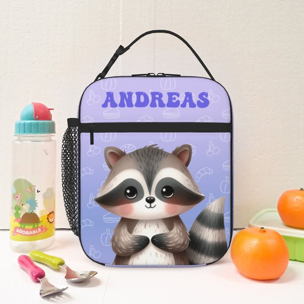 Personalised Cartoon Animals Racoon Hedgehog Multicolor Insulated Lunch Bag with Name Daily Travel Back to School Birthday Gift for Boys Girls